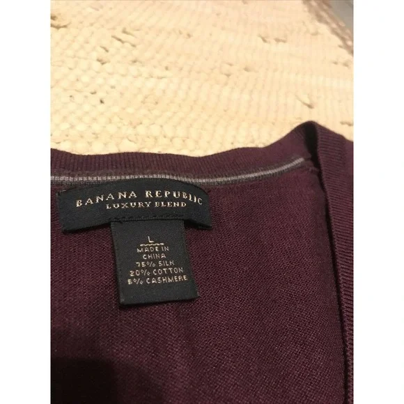 Banana Republic Luxury Burgundy Vneck Silk Cashmere Blend Pullover Sweater Sz L - Picture 3 of 8